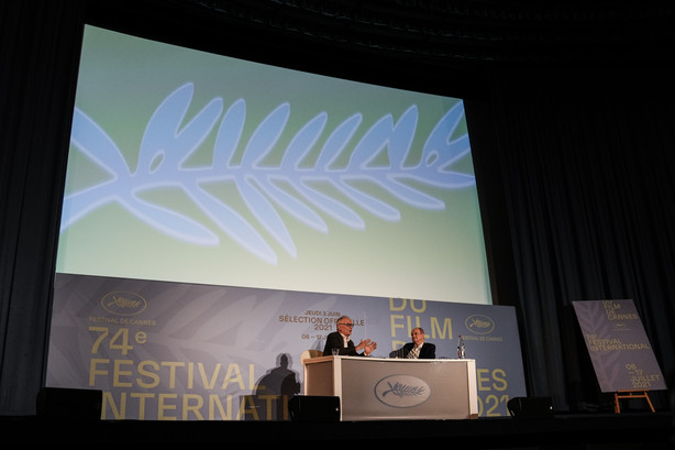Festival director Thierry Fremaux, left and Festival president Pierre Lescure speak during the press conference for the presentation of the official selection of the 74th International Cannes Film Festival, in Paris, on Thursday, June 3, 2021.