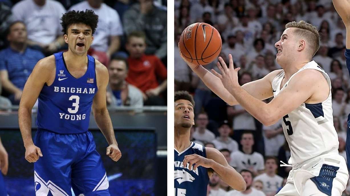 Former BYU wing Elijah Bryant, left, and Utah State standout guard Sam Merrill will open the NBA finals with the Milwaukee Bucks on Tuesday, July 6, 2021.