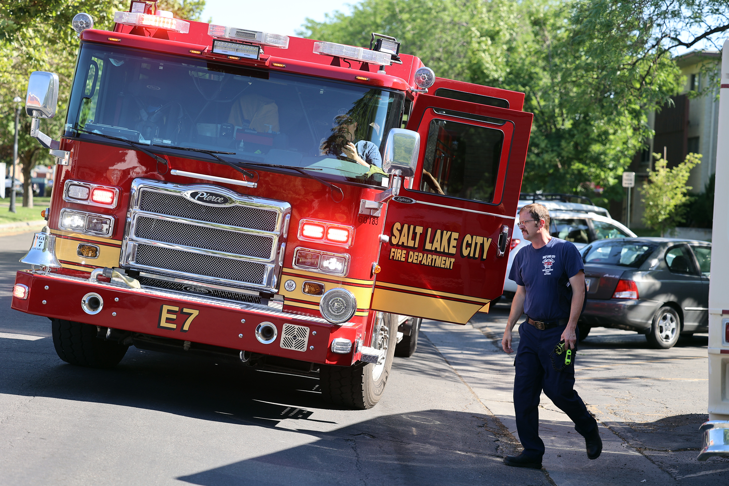 Salt Lake City firefighters leave after responding to a possible drowning at the Terraces of Rose Park in Salt Lake City on Tuesday, July 6, 2021.