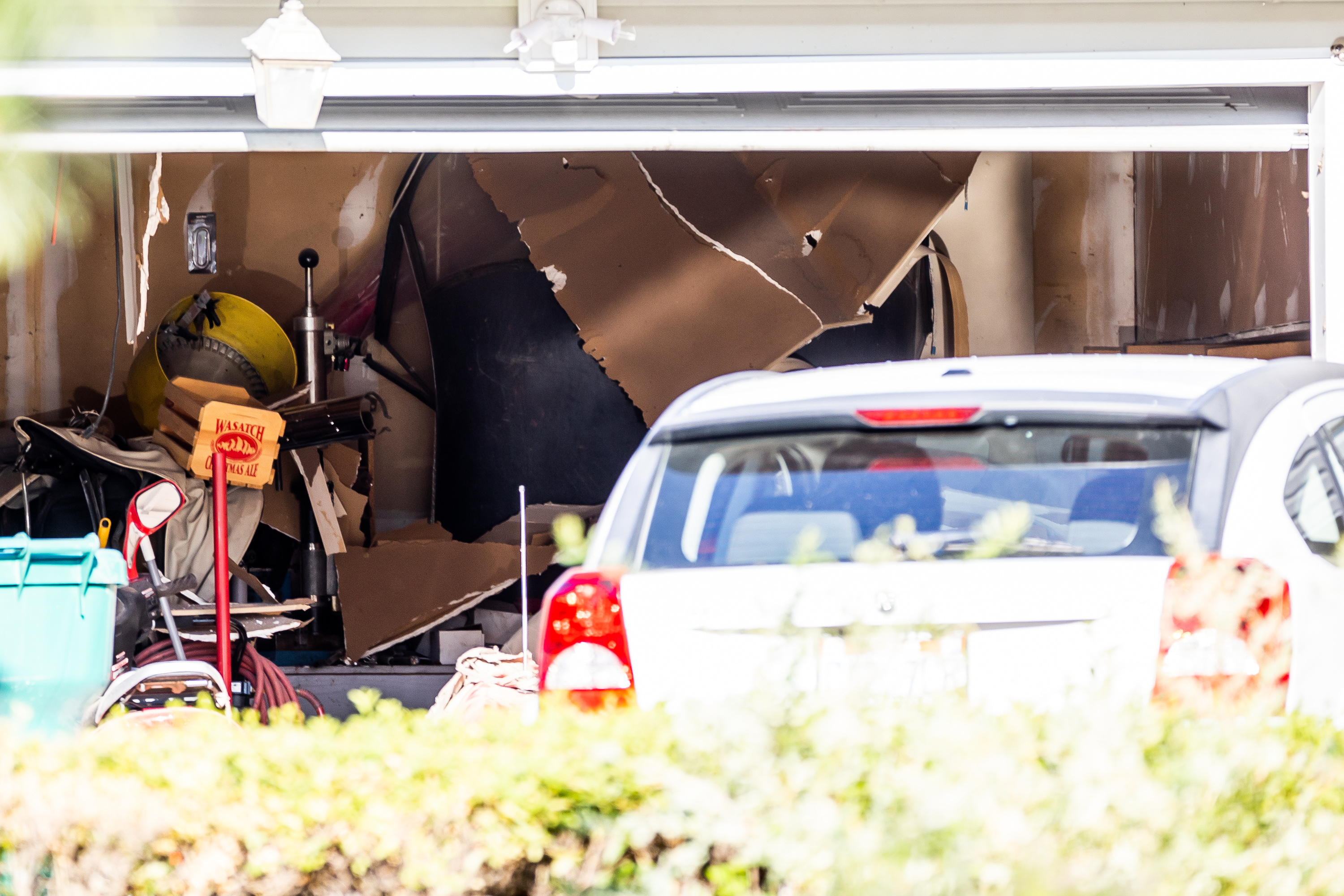 Damage inside a garage in Layton is seen after an explosion that injured a man on Tuesday, July 6, 2021.