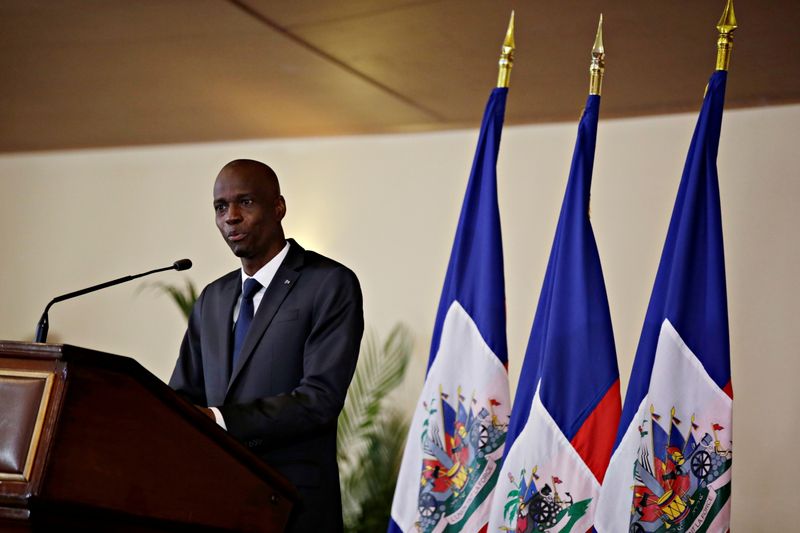 Haiti's President Jovenel Moise speaks during the investiture ceremony of the independent advisory committee for the drafting of the new constitution at the National Palace in Port-au-Prince, Haiti Oct. 30, 2020.