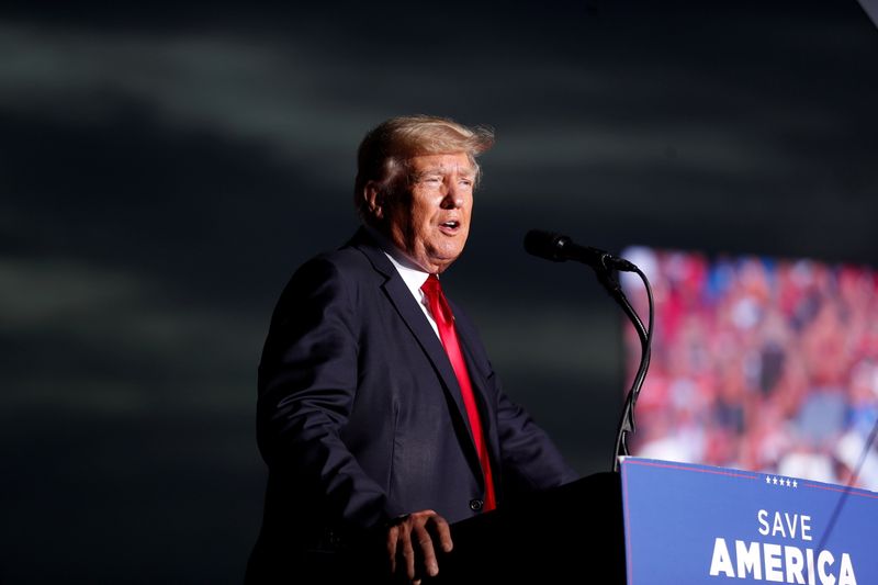 Former President Donald Trump speaks to his supporters during the Save America Rally at the Sarasota Fairgrounds in Sarasota, Florida, U.S. July 3, 2021. He said on Wednesday that he was filing class-action lawsuits against Twitter, Facebook, and Alphabet's Google, as well as their chief executives.