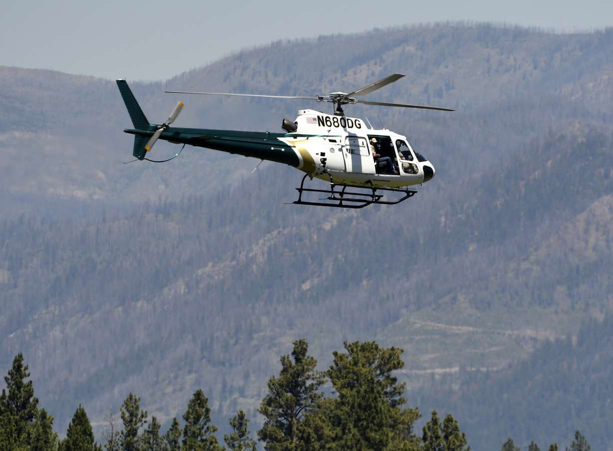 A helicopter from Montana Fish, Wildlife and Parks flies around the Ovando, Mont., area on Tuesday, July 6, 2201, in search of a bear that killed a camper early that morning.