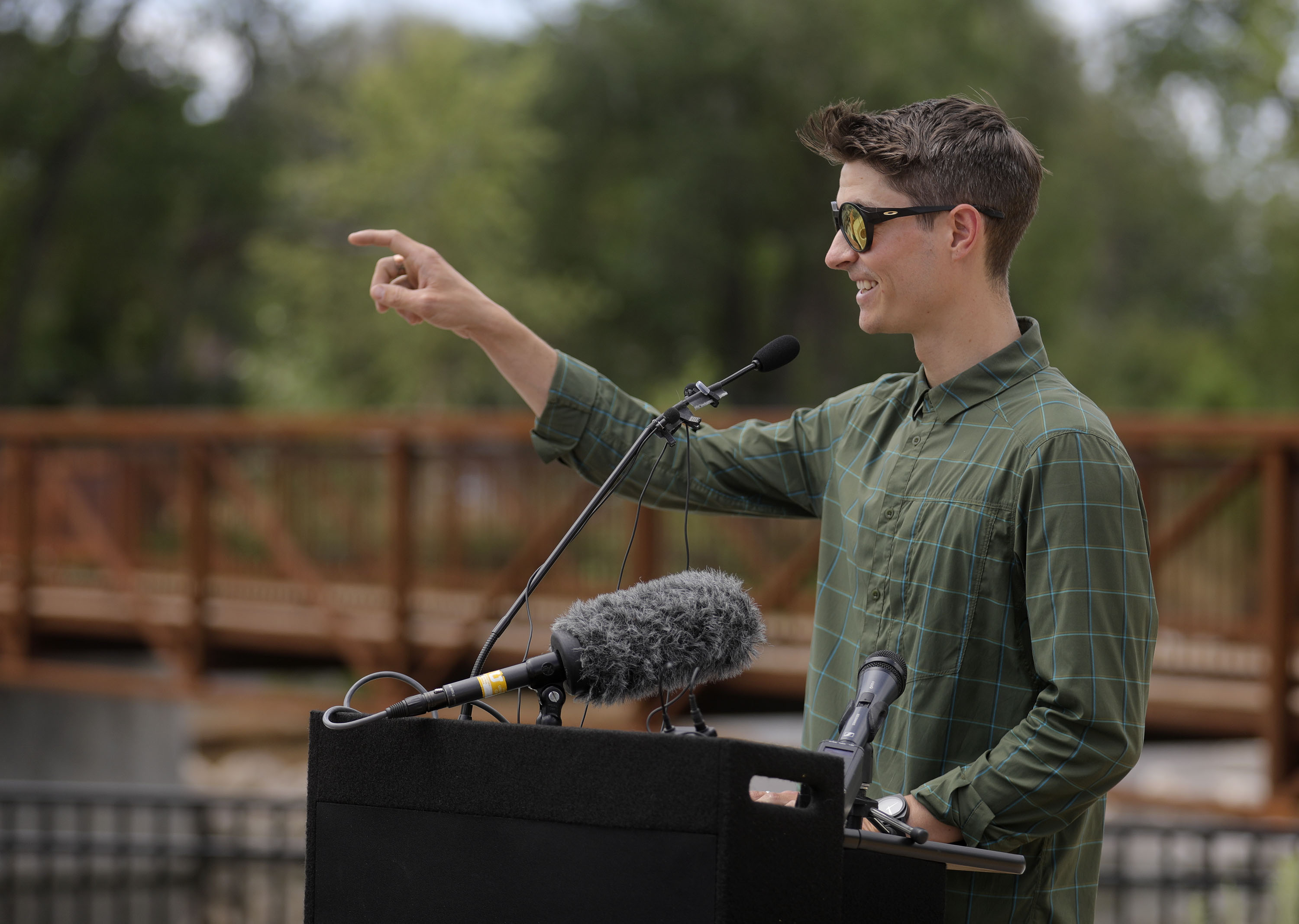 Brian Tonetti, Seven Canyons Trust executive director, speaks during the unveiling of the Three Creeks Confluence Park in Salt Lake City on Wednesday, July 7, 2021.