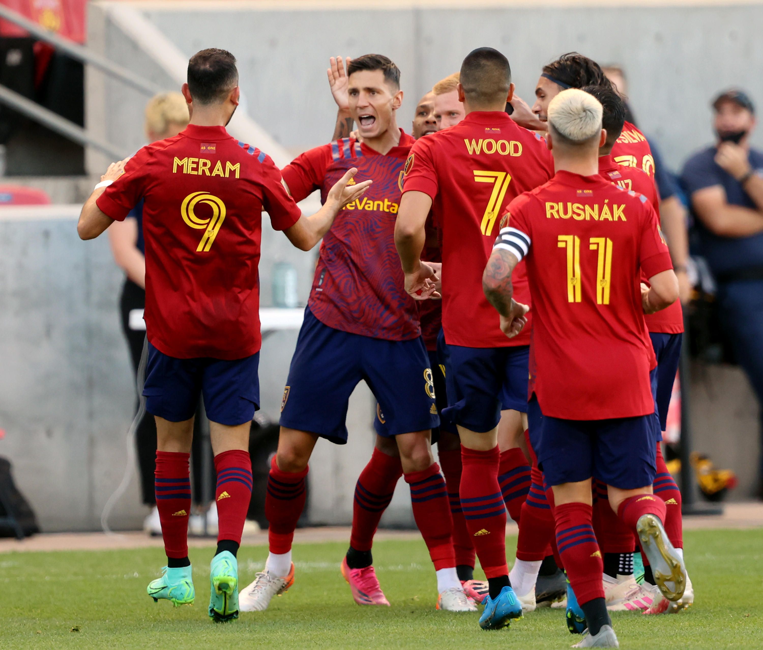 Real Salt Lake midfielder Damir Kreilach (8) celebrates a quick goal with teammates as Real Salt Lake and Vancouver FC play at Rio Tinto Stadium in Sandy on Wednesday, July 7, 2021.