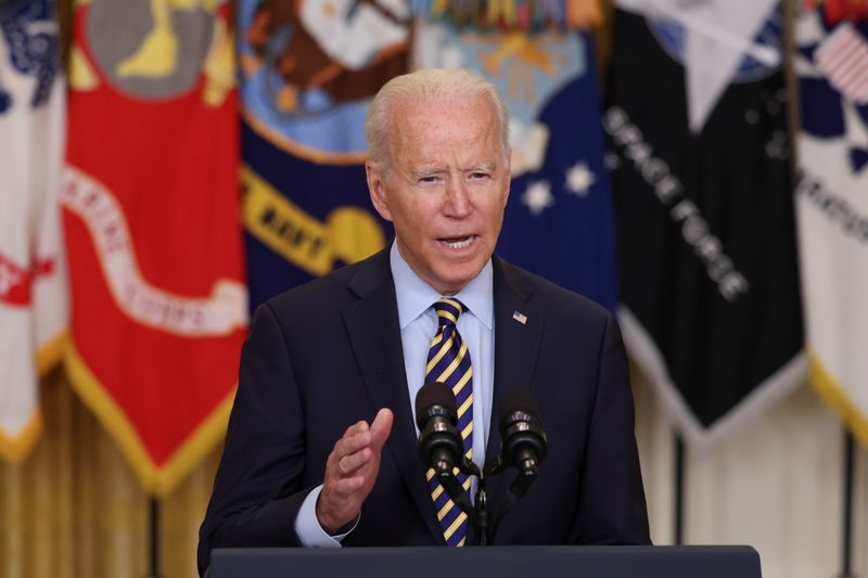 U.S. President Joe Biden delivers remarks on the administration's continued drawdown efforts in Afghanistan in a speech from the East Room at the White House in Washington U.S., July 8, 2021.