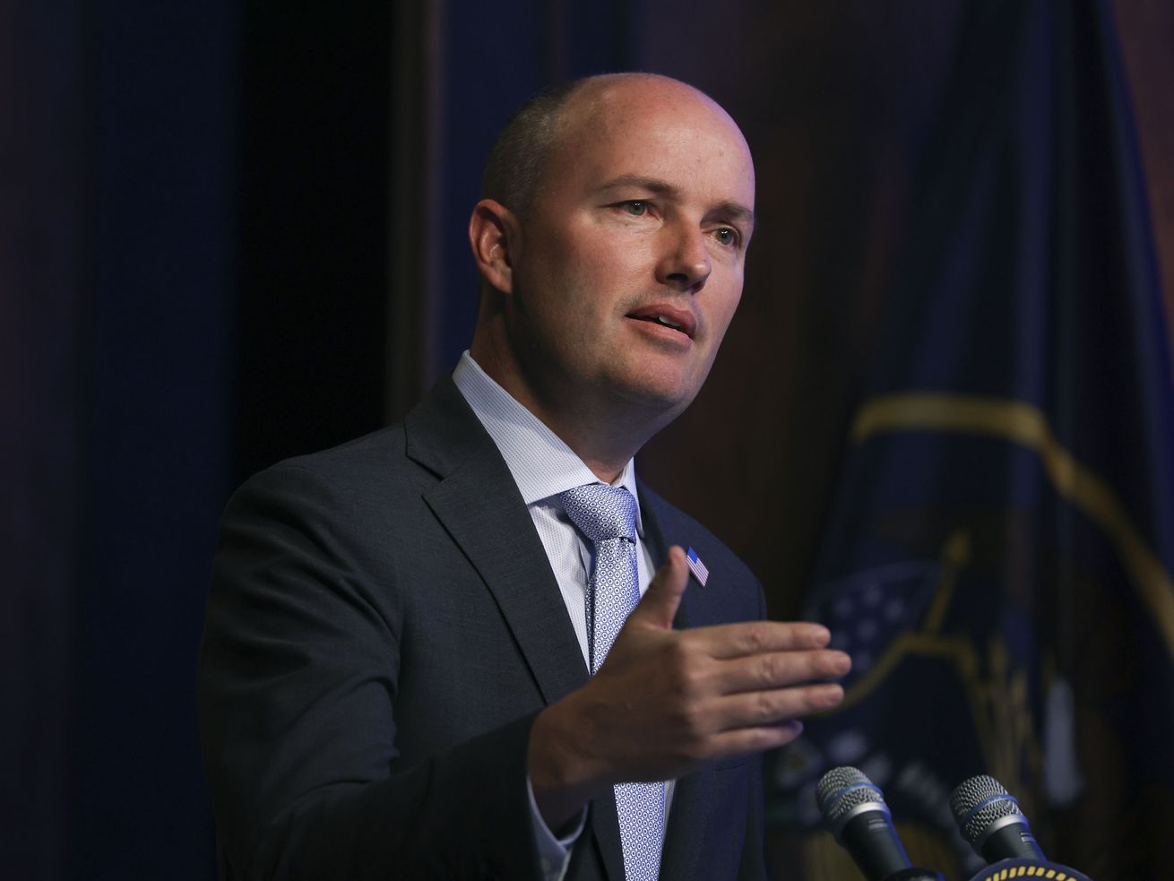 Gov. Spencer Cox speaks during the PBS Utah Governor’s
Monthly News Conference at the Eccles Broadcast Center in Salt Lake
City on Thursday, June 17, 2021.