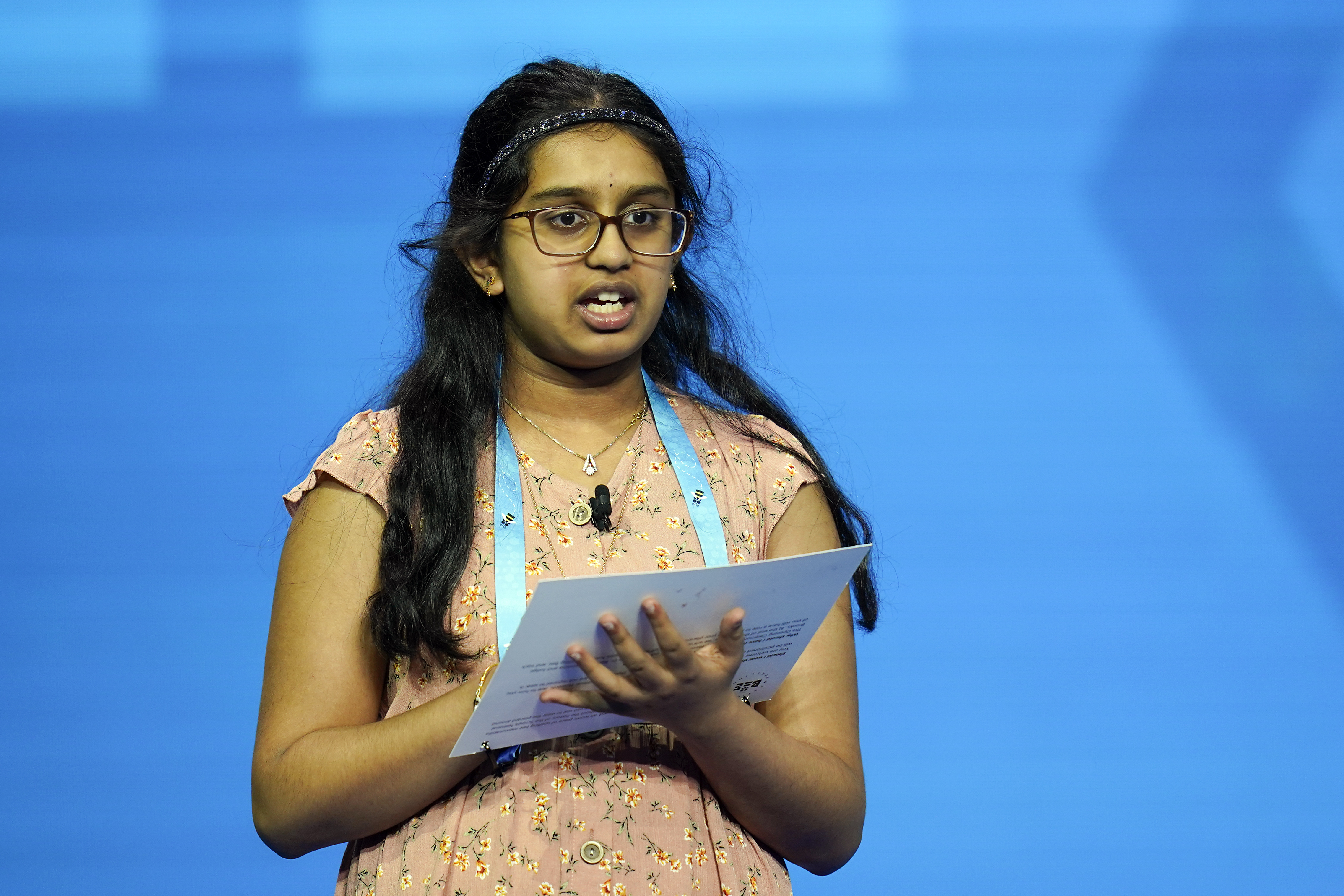 Chaitra Thummala, 12, from Frisco, Texas compete during the finals of the 2021 Scripps National Spelling Bee at Disney World Thursday, July 8, 2021, in Lake Buena Vista, Fla.