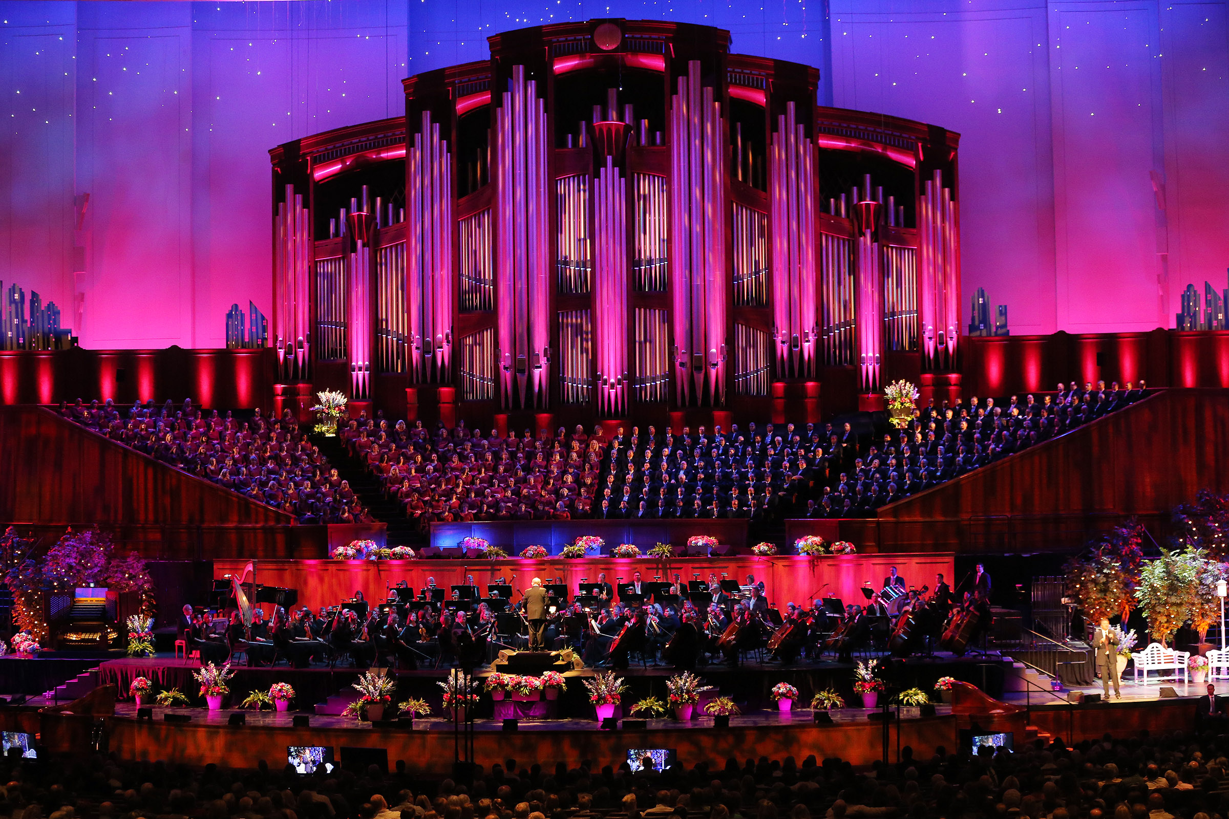 The Tabernacle Choir at Temple Square performs during the annual Pioneer Day concert at the Conference Center in Salt Lake City on Friday, July 20, 2018. The choir was joined by guest performers Matthew Morrison and Laura Michelle Kelly, and narrator Oscar "Andy" Hammerstein III.