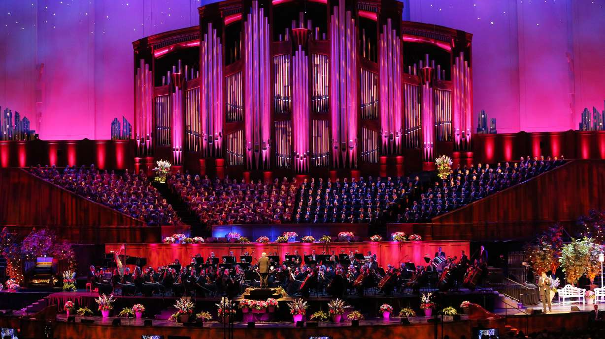 The Tabernacle Choir at Temple Square performs during the annual Pioneer Day concert at the Conference Center in Salt Lake City on Friday, July 20, 2018. The choir was joined by guest performers Matthew Morrison and Laura Michelle Kelly, and narrator Oscar "Andy" Hammerstein III.