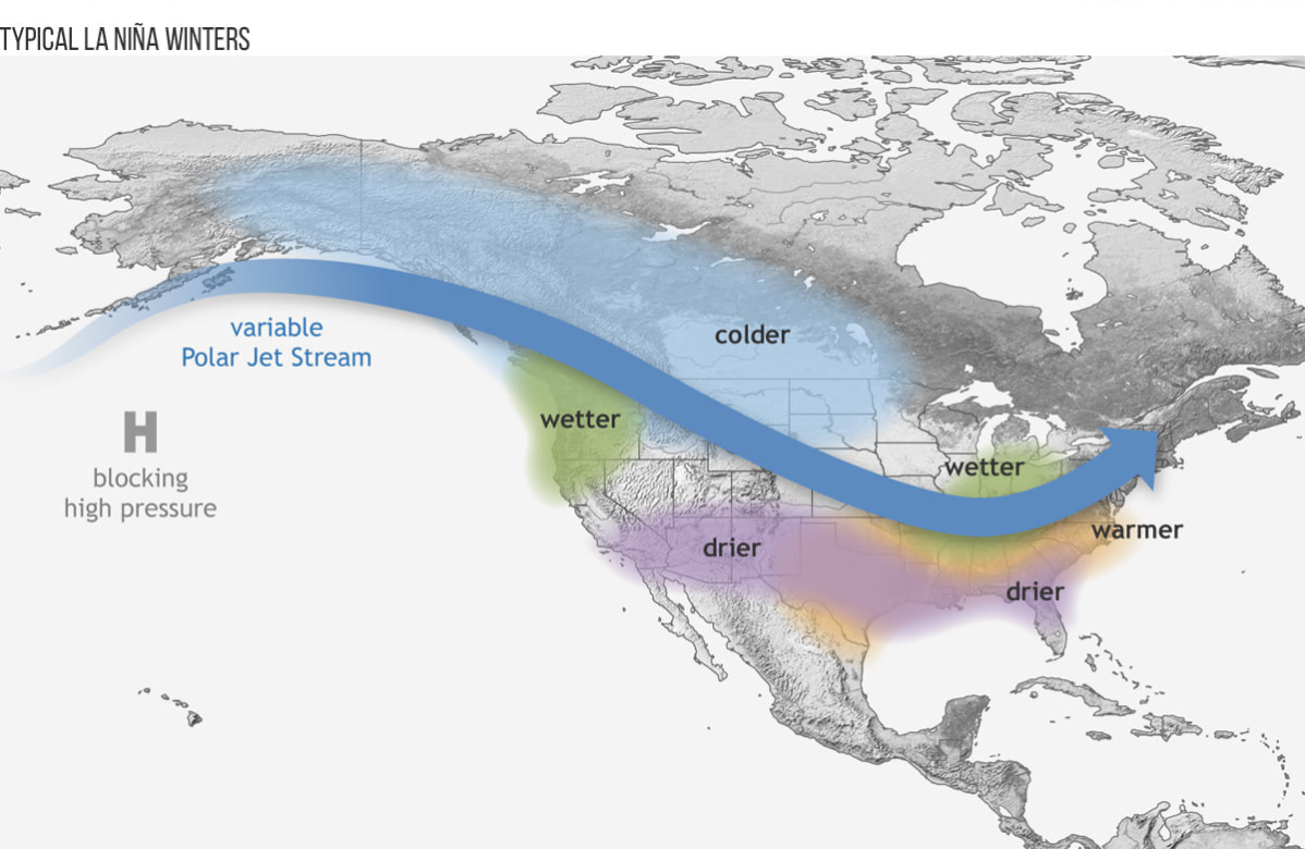 A map of a typical La Niña winter.