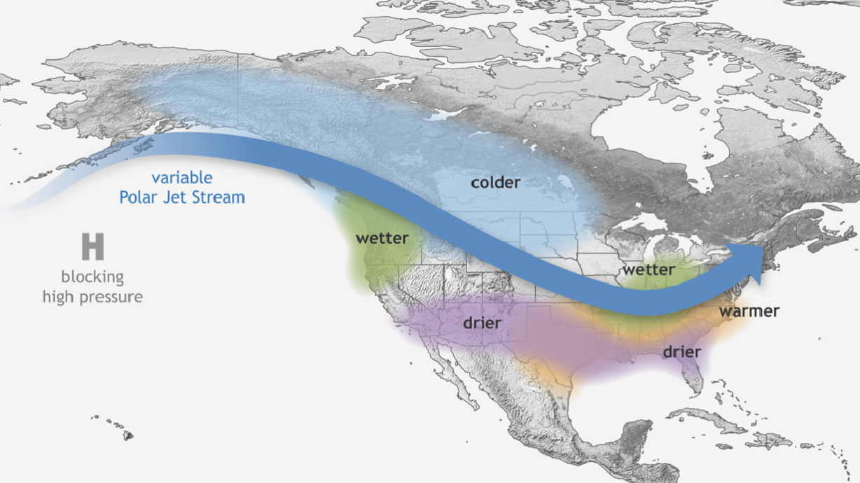 A map of a typical La Nina winter. The National Weather Service's Climate Prediction Center issued a La Nina watch on Thursday, July 8, 2021. Forecasters say it appears that trend will return this winter.