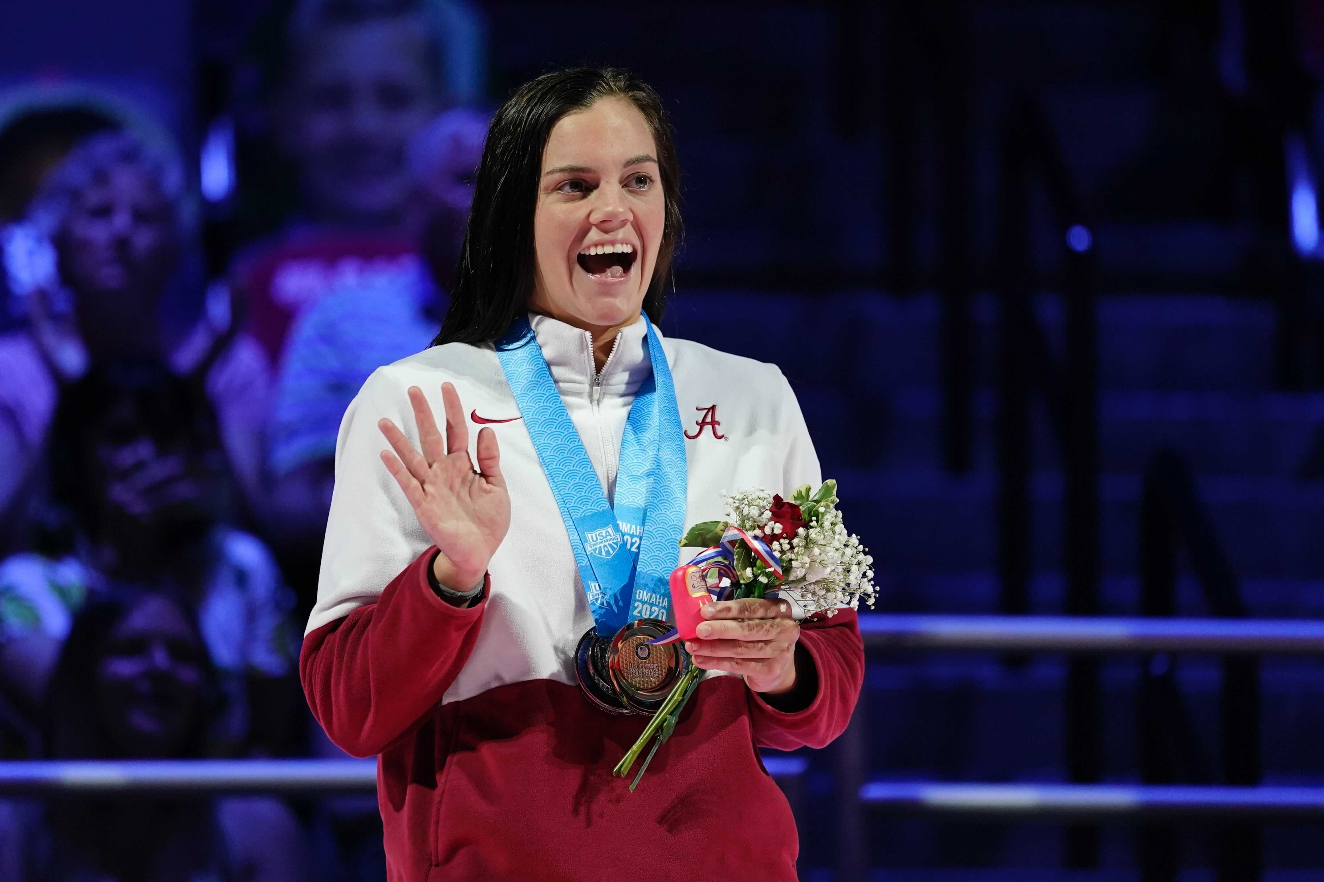 Rhyan White smiles during the medal ceremony for the women's 200 backstroke during wave 2 of the U.S. Olympic Swim Trials on Saturday, June 19, 2021, in Omaha, Neb.