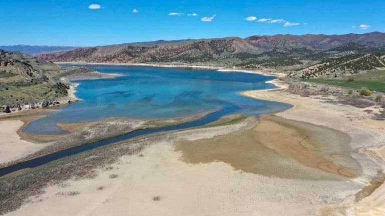 Low water levels are pictured at Echo Reservoir, north of Coalville, on Thursday, May 6. Utah's reservoir system has fallen below 50%, but experts say they are in line to refill again thanks to recent monsoonal rain.