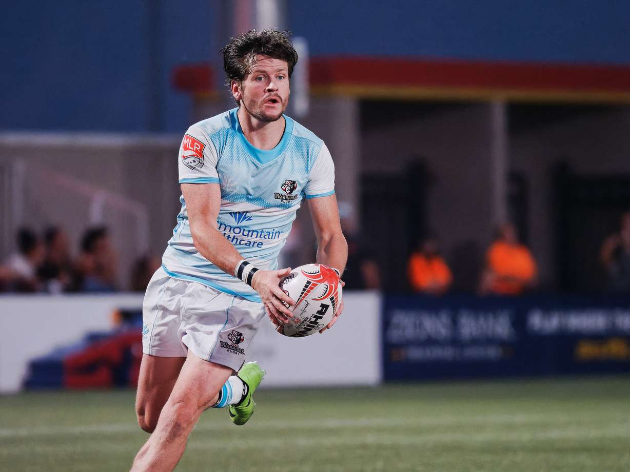 Utah Warriors scrumhalf Danny Christensen looks to pass against Rugby ATL, Saturday, July 11, 2021 at Zions Bank Stadium in Herriman.