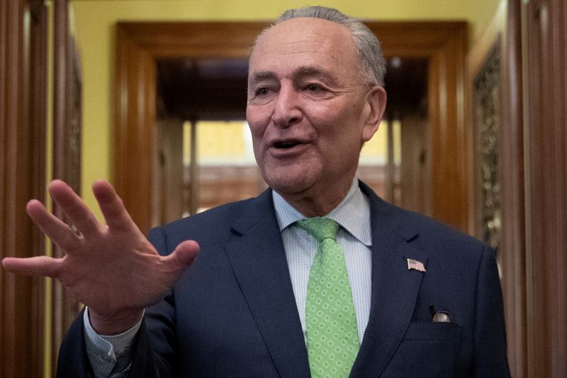 Senate Majority Leader Chuck Schumer, D-NY, speaks to news reporters following the announcement of a bipartisan deal on infrastructure, on Capitol Hill in Washington, June 24, 2021. The Senate returns on Monday, July 12, 2021, to one of its most ambitious agendas in years.