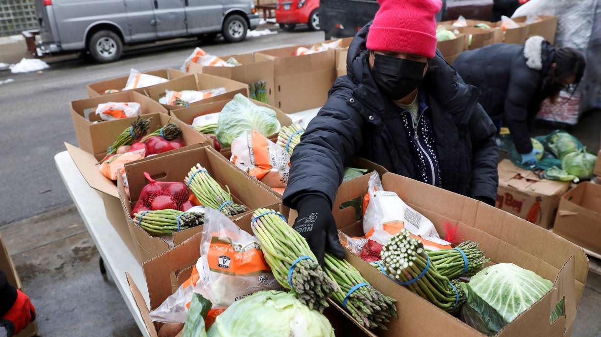 FILE: Food boxes are packed at the nonprofit New Life Centers' food pantry in Chicago, Illinois, U.S. March 16, 2021.