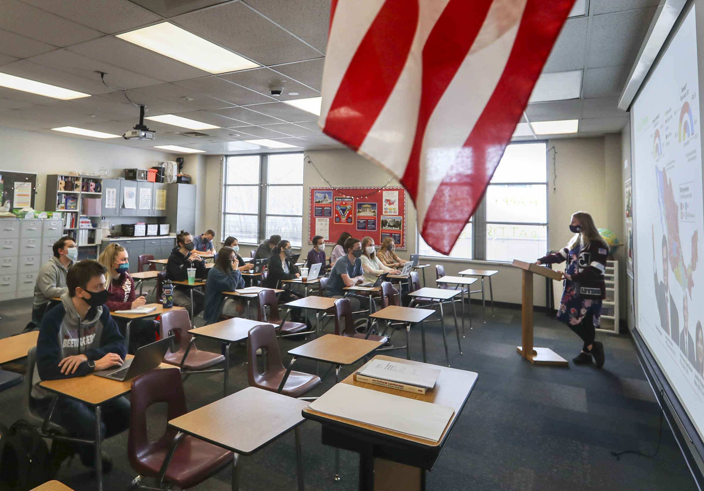 Mallory Record teaches an Advanced Placement government and comparative politics class at Jordan High School in Sandy on Wednesday, March 10, 2021. Utah schools are preparing plans to help students recover from learning loss and other pandemic-related impacts on education.
