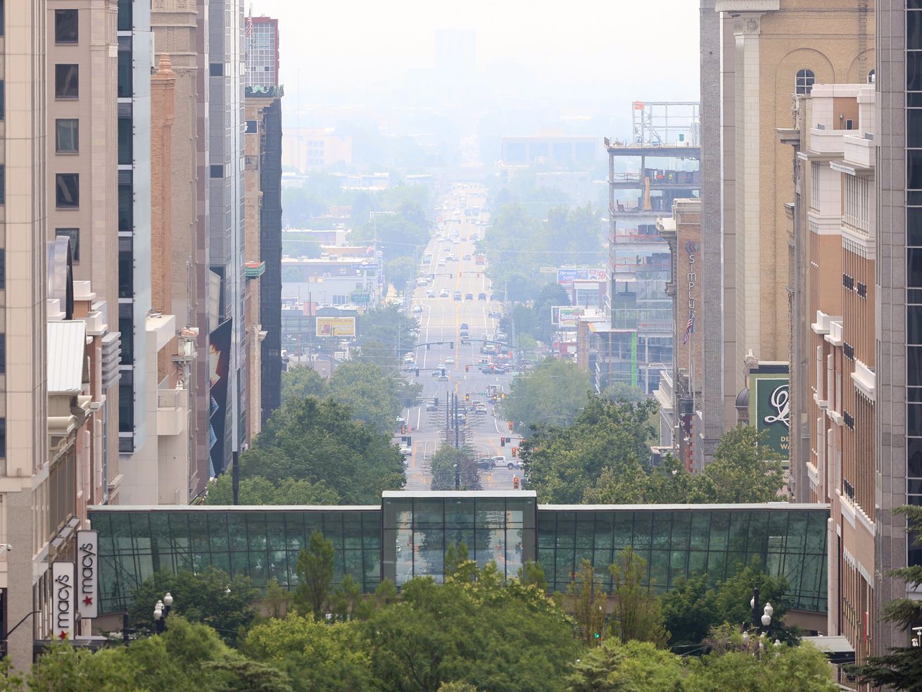 Smoke fills the Salt Lake Valley looking south on Main Street in Salt Lake City on Monday, July 12, 2021.