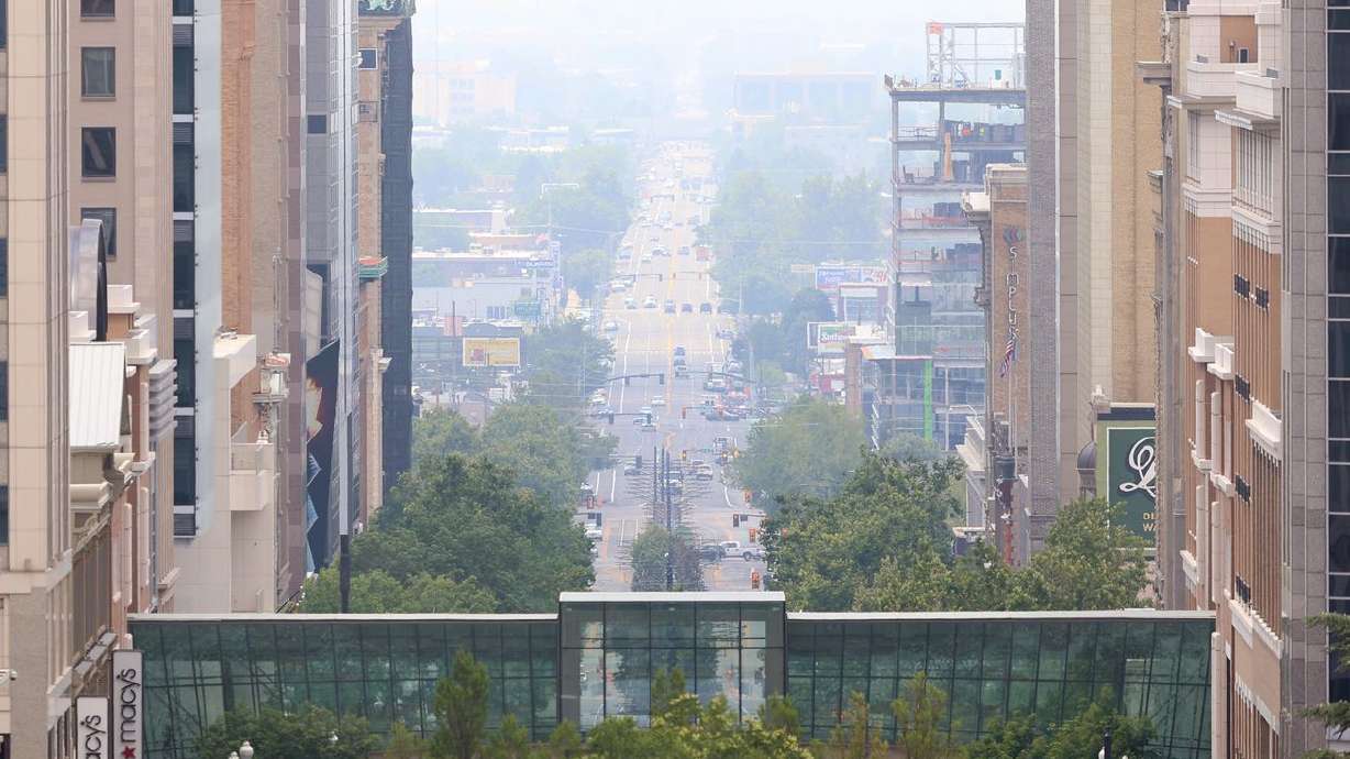 Smoke fills the Salt Lake Valley looking south on Main Street in Salt Lake City on Monday, July 12, 2021.