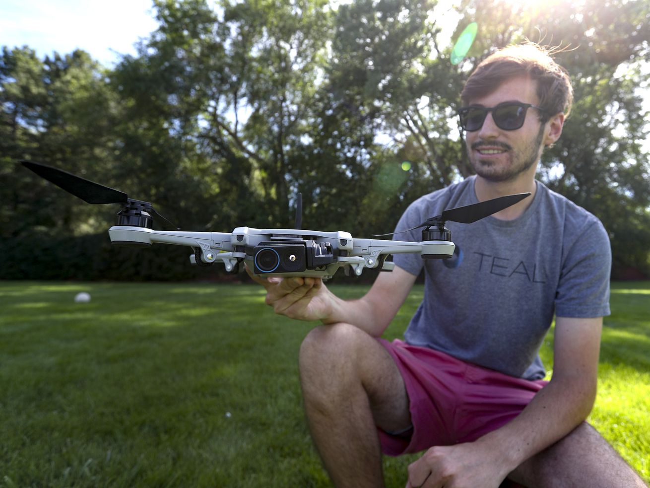 Teal Drones founder George Matus poses with the company’s new Golden Eagle drone near the firm’s offices in
Holladay on Wednesday, Sept. 2, 2020.