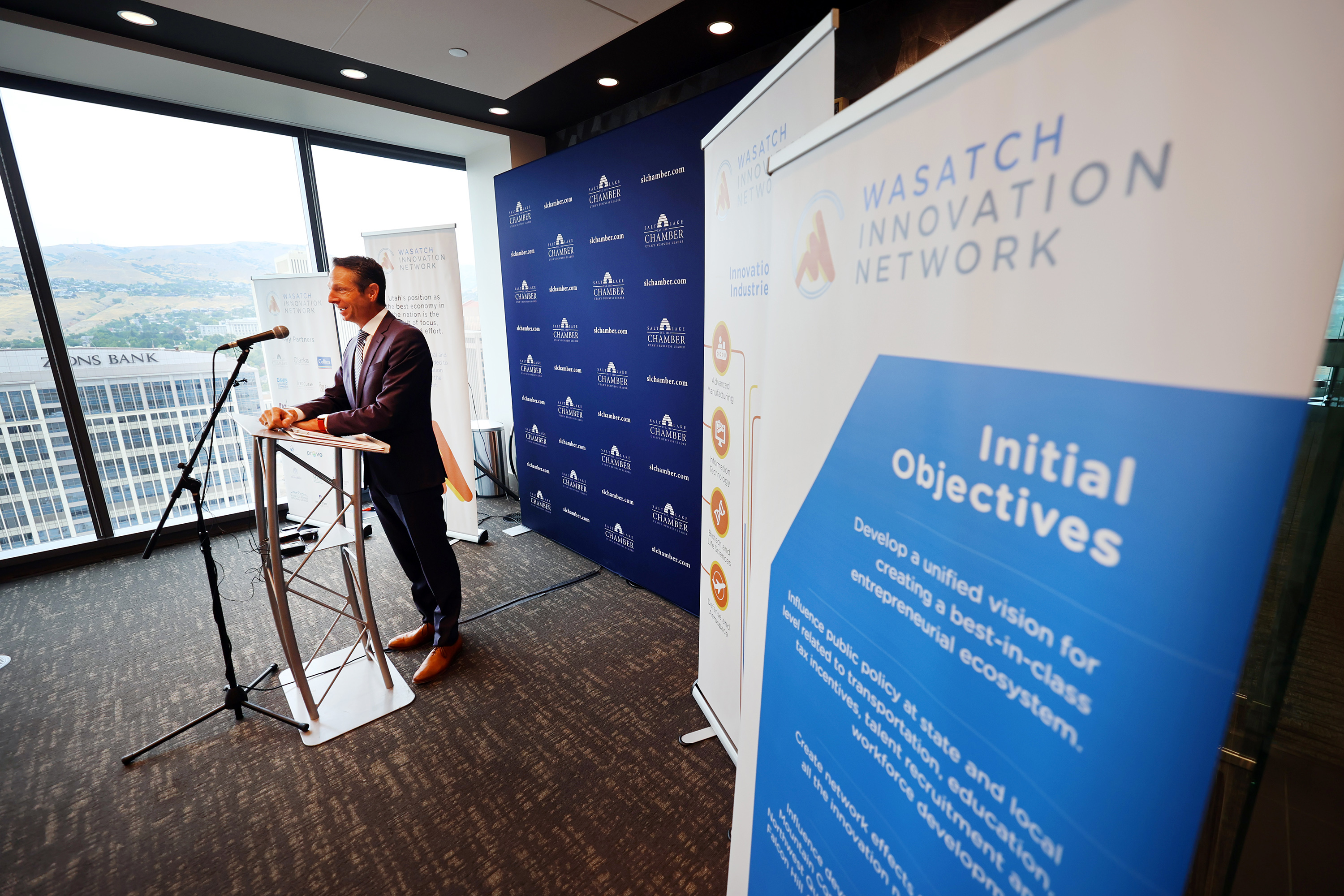 Derek Miller, president and CEO of the Salt Lake Chamber, speaks about the Wasatch Innovation Network during a press conference at Colliers International in Salt Lake City on Tuesday, July 13, 2021.