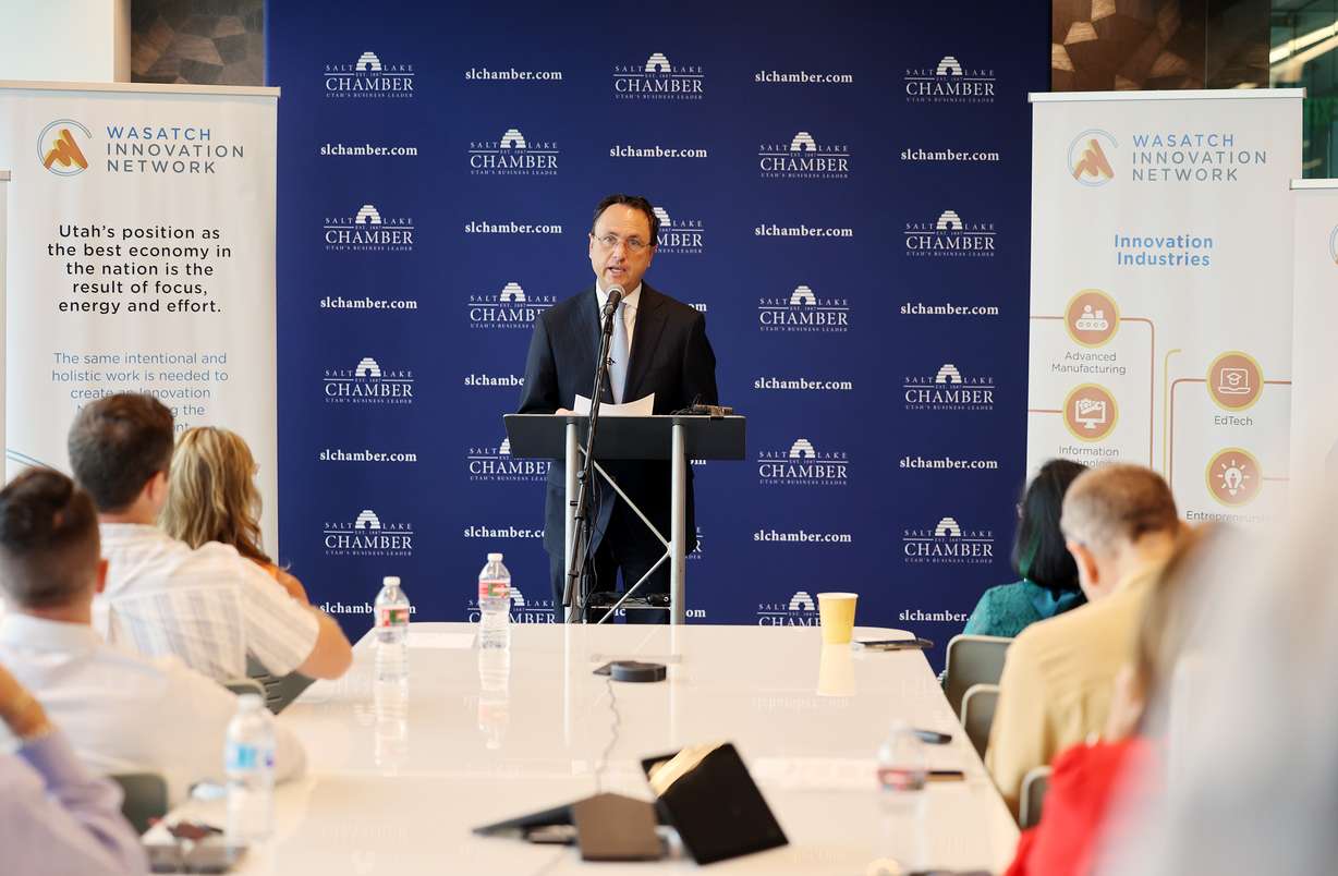 Brandon Fugal, chairman of Colliers International, speaks about the Wasatch Innovation Network during a press conference at Colliers International in Salt Lake City on Tuesday, July 13, 2021.