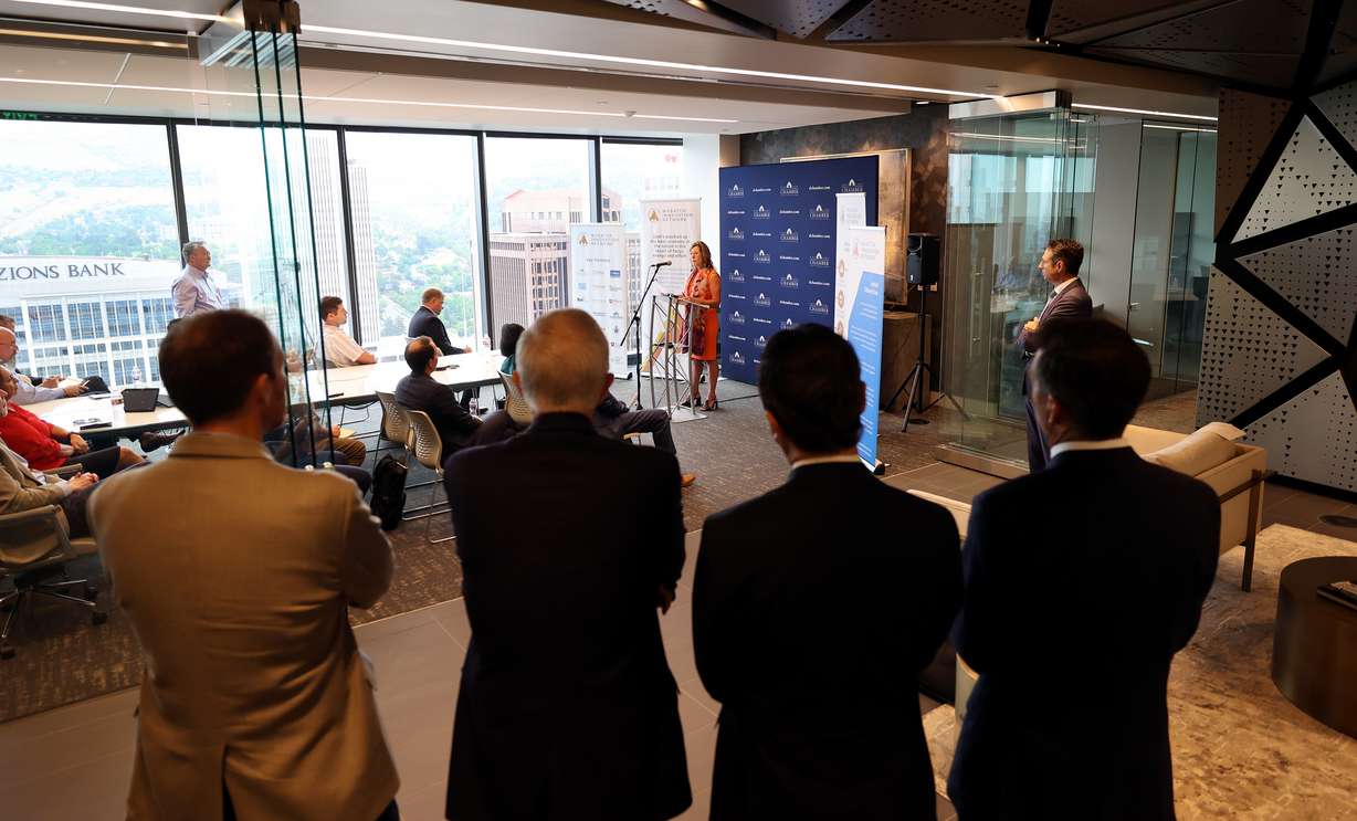 Kelly McAleer, account executive with The Kenney Group and former president and CEO of BioUtah, speaks about the Wasatch Innovation Network during a press conference at Colliers International in Salt Lake City on Tuesday, July 13, 2021.