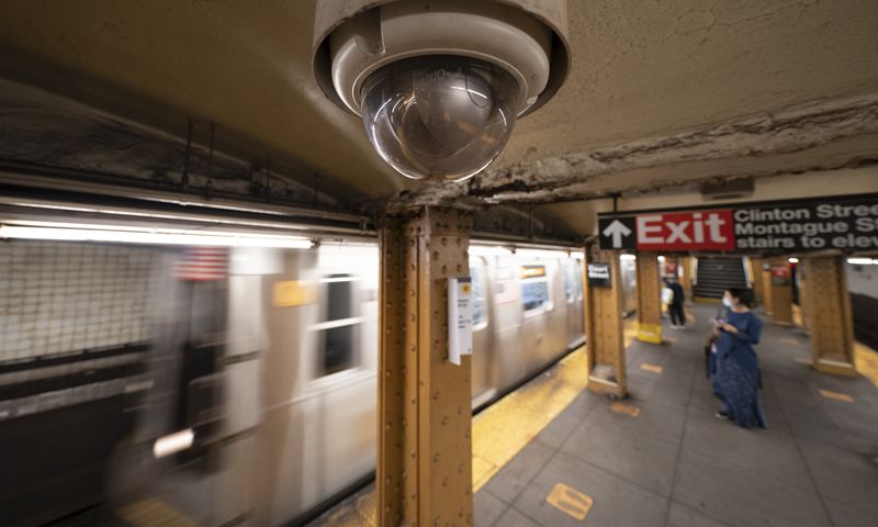 A video surveillance camera is installed on the ceiling
above a subway platform in the Court Street station in the Brooklyn
borough of New York on Oct. 7, 2020.