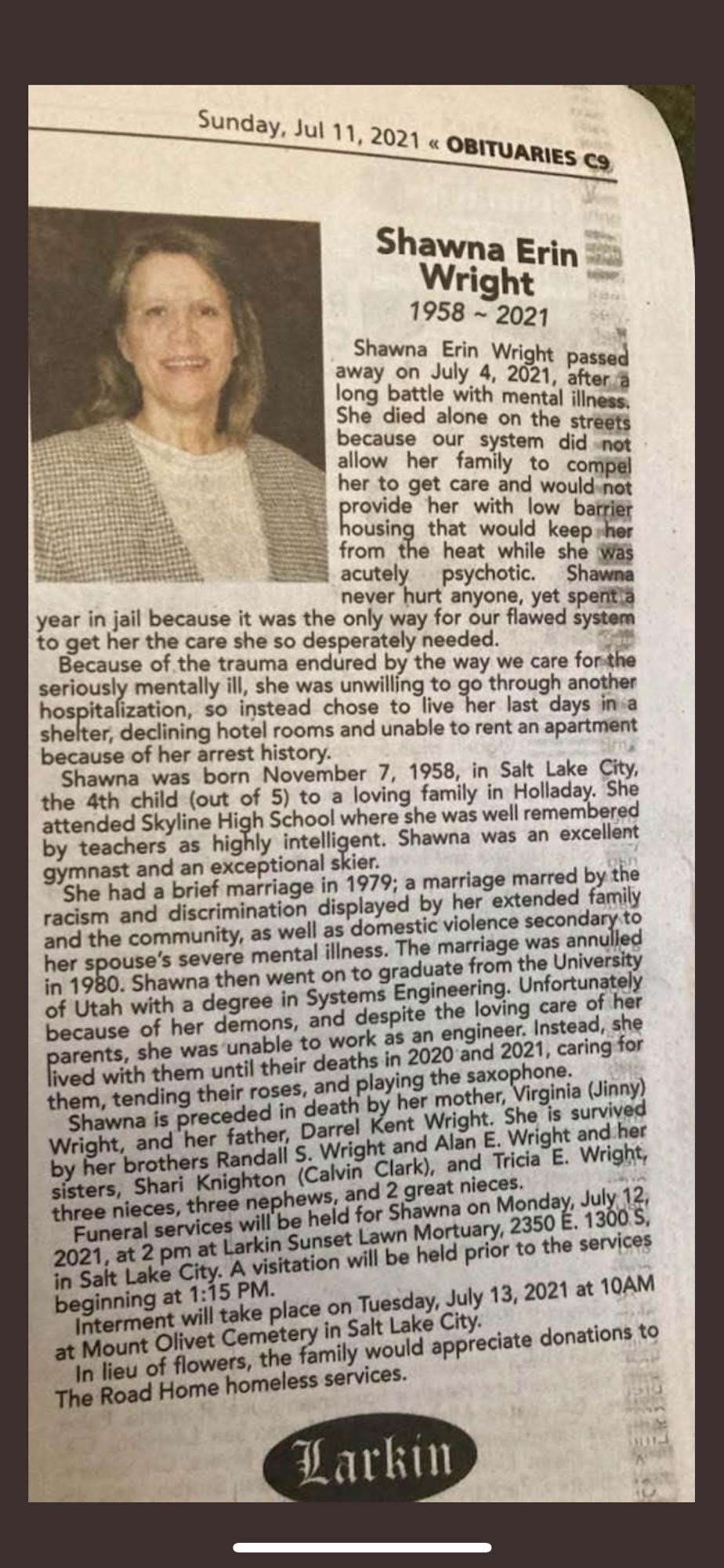 A photo of Shawna Wright's obituary, written by Tricia Wright and published in the Salt Lake Tribune.