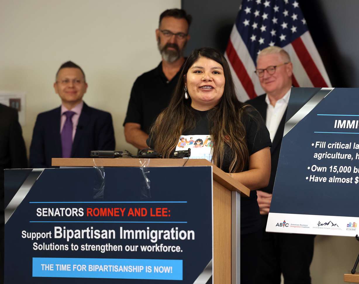 Mayra Cedano, executive director of Comunidades Unidas, calls on Utah's senators to support bipartisan immigration reform during a press conference at the World Trade Center Utah offices in Salt Lake City on Wednesday, July 14, 2021.