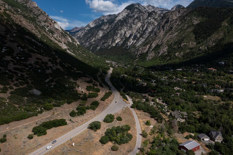 The potential site for the base station of a proposed
gondola, in the bottom center of the image between North Little
Cottonwood Road and a private drive, is pictured at the base of
Little Cottonwood Canyon on Tuesday, June 29, 2021.
