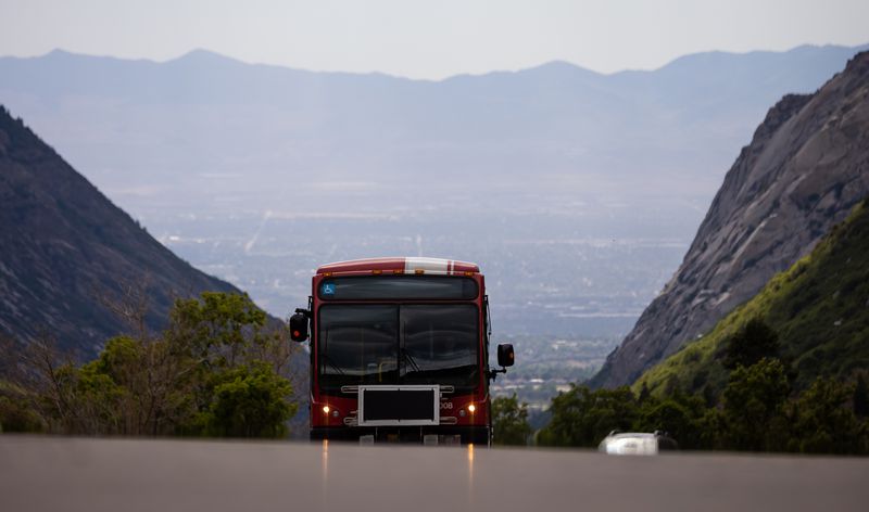 A Utah Transit Authority bus drives up Little
Cottonwood Canyon on Tuesday, June 29, 2021.