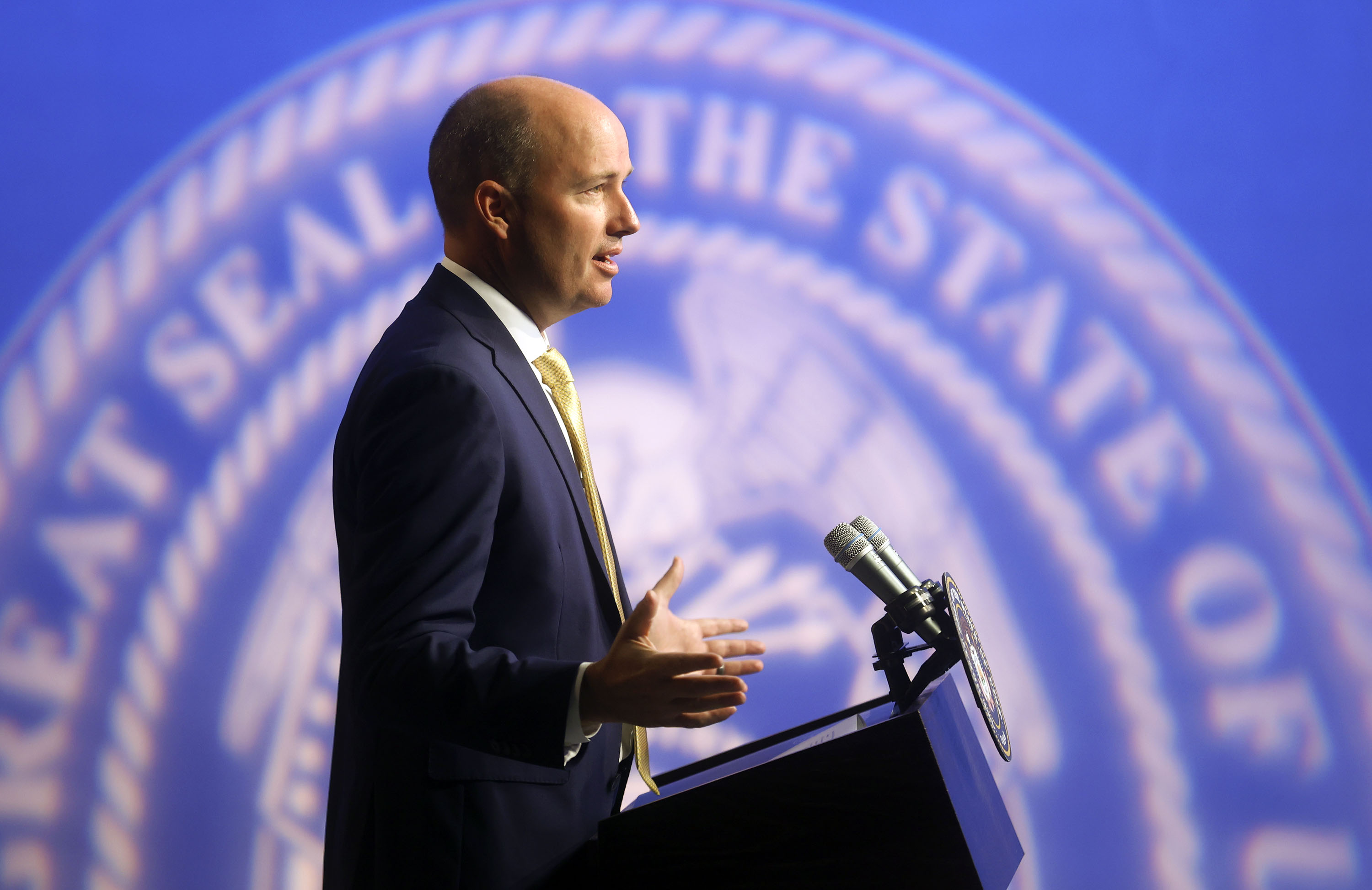 Gov. Spencer Cox speaks at the PBS Utah Governor's Monthly News Conference at the Eccles Broadcast Center in Salt Lake City on Thursday, July 15, 2021.