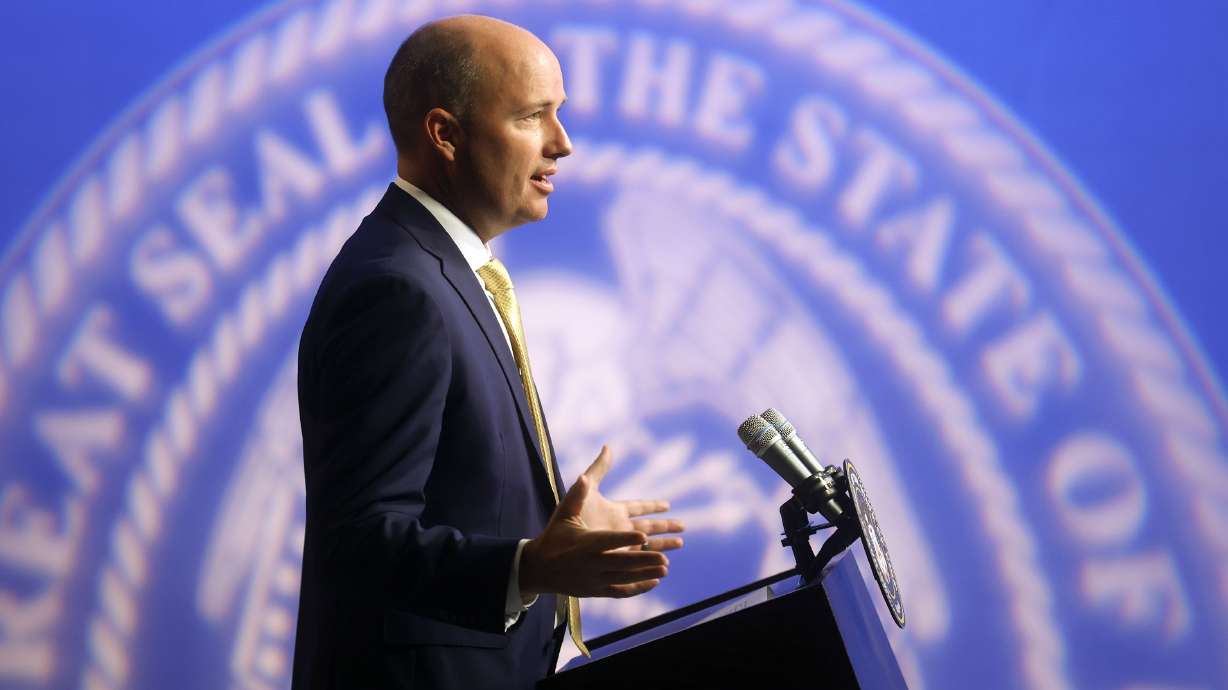 Gov. Spencer Cox speaks at the PBS Utah Governor's Monthly News Conference at the Eccles Broadcast Center in Salt Lake City on Thursday, July 15, 2021.