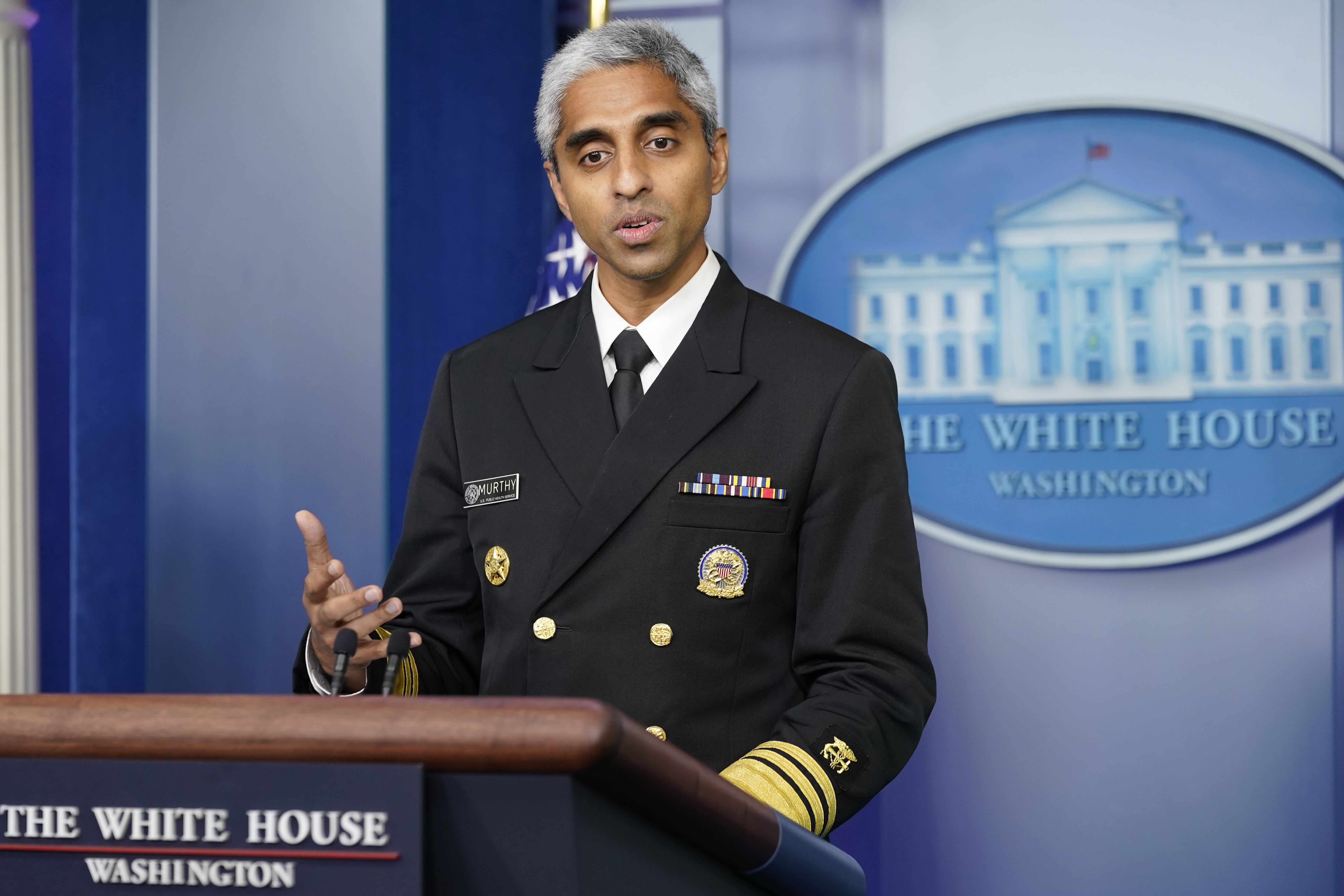 Surgeon General Dr. Vivek Murthy speaks during the daily briefing at the White House in Washington, Thursday, July 15, 2021.