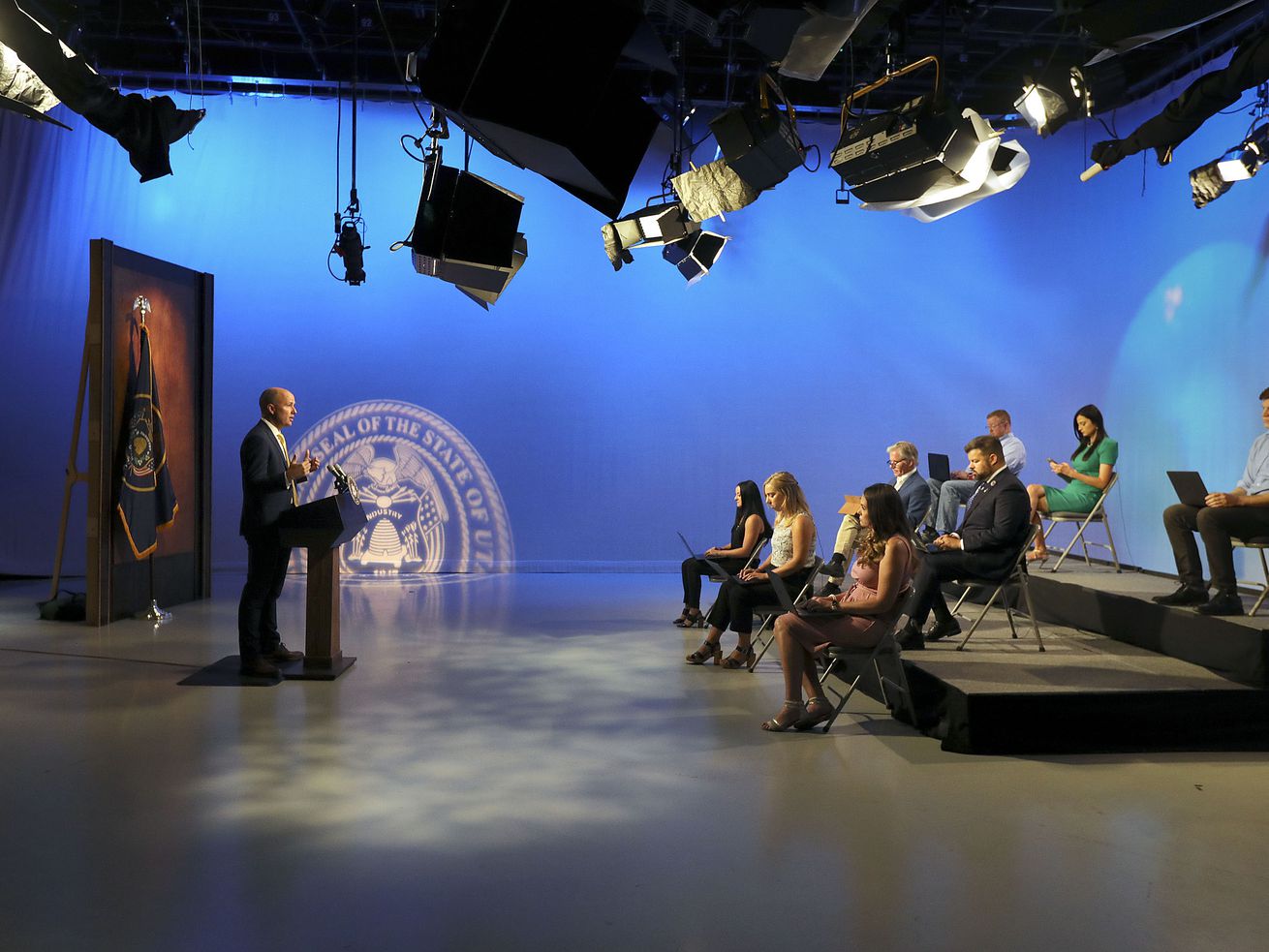 Gov. Spencer Cox speaks at the PBS Utah Governor’s
Monthly News Conference at the Eccles Broadcast Center in Salt Lake
City on Thursday, July 15, 2021.