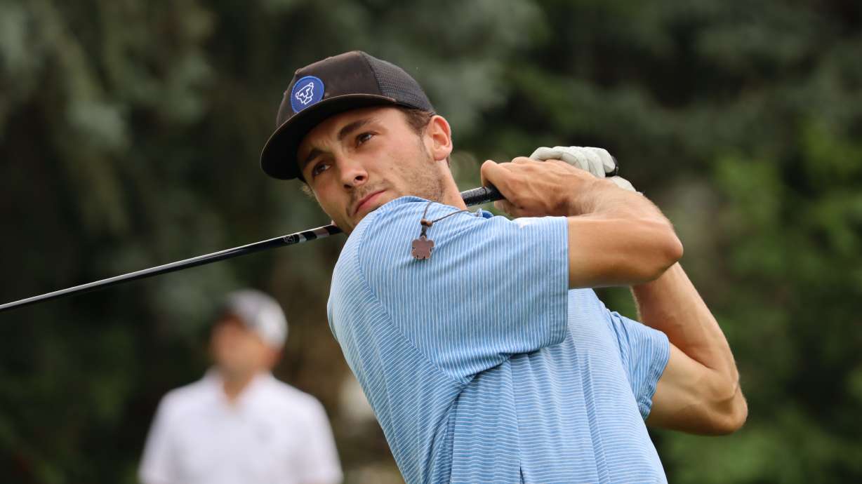 BYU golfer Brock Goyen tees off during the 123rd Utah State Amateur Championship, Thursday, July 15, 2021 at Alpine Country Club.