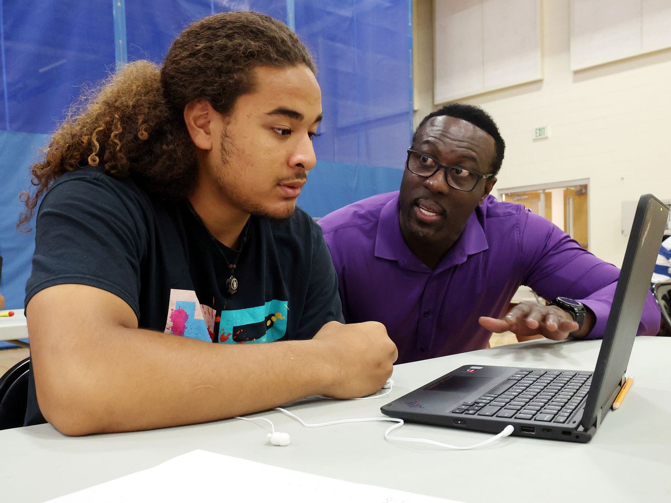 West High School student Mani Havea, left, talks with Timothy Gadson, incoming Salt Lake City School District superintendent, as Gadson tours the school in Salt Lake City on Tuesday, June 29, 2021. Gadson will take the helm of the district
in July.