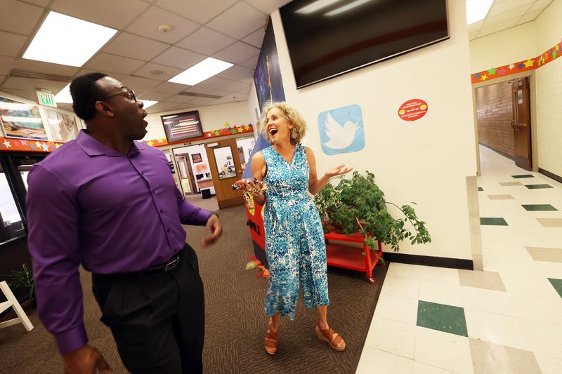 Timothy Gadson, incoming Salt Lake City School District
superintendent, talks with Tracy Sjostrom, principal of Mary W.
Jackson Elementary School, as Gadson tours the school in Salt Lake
City on Tuesday, June 29, 2021. Gadson will take the helm of the
district in July.
