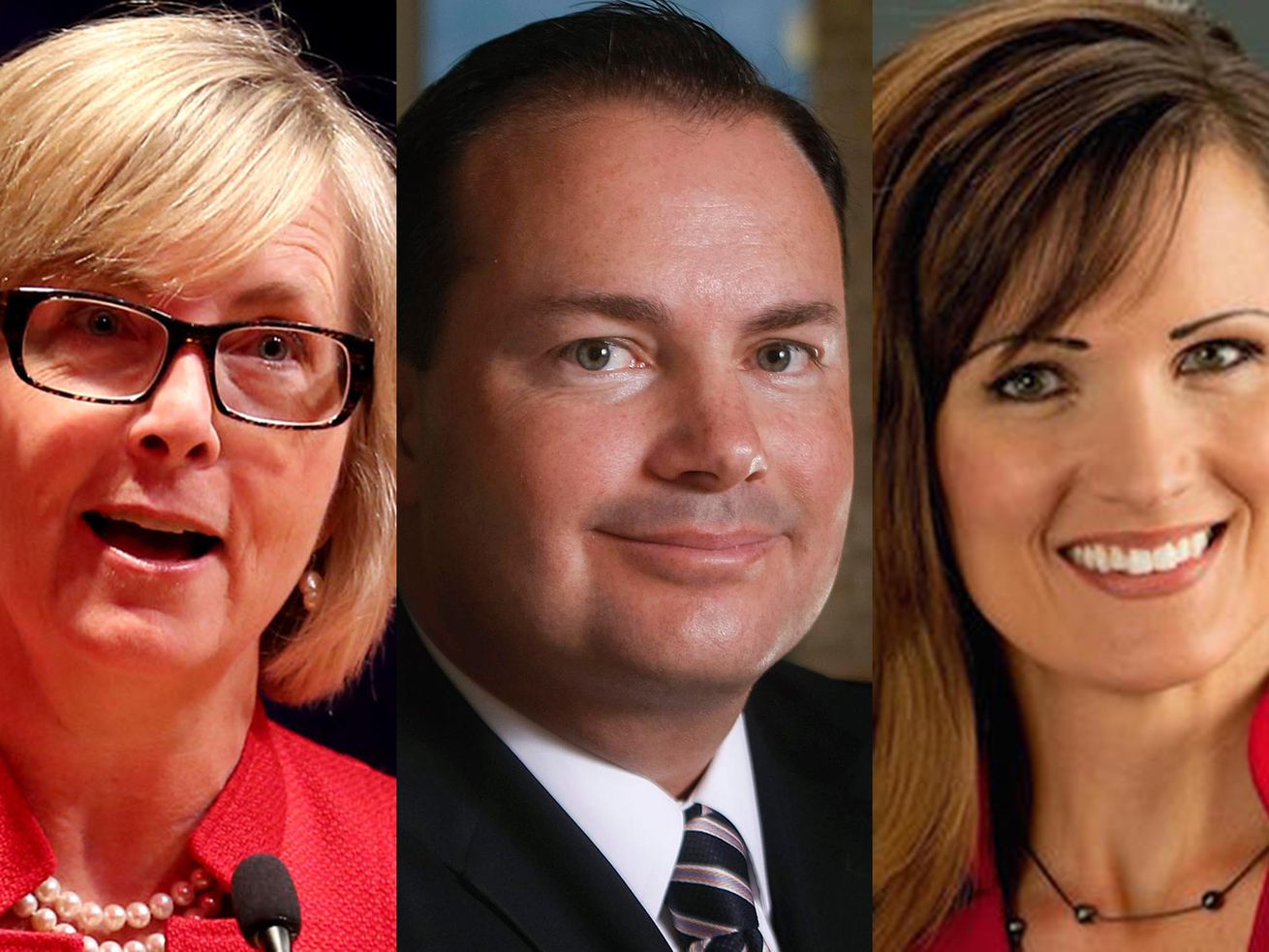 Former state lawmaker Becky Edwards, left, Sen. Mike Lee, and communications, public policy and campaign strategist Ally
Isom. Edwards has raised more than a half-million dollars since entering the race for Lee’s Senate seat in late May.