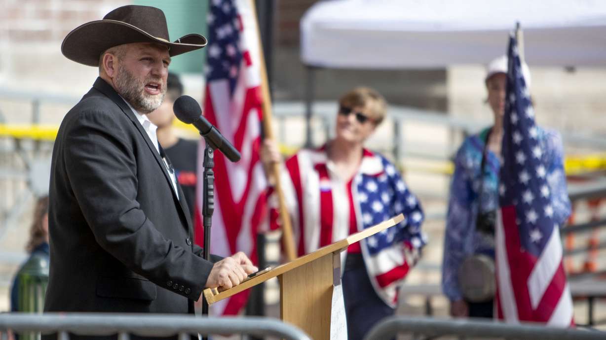 Ammon Bundy speaks to a crowd of about 50 in downtown Boise on April 3, 2021. The anti-government activist has asked a judge to throw out the guilty verdict in his trespassing case and to acquit him instead.