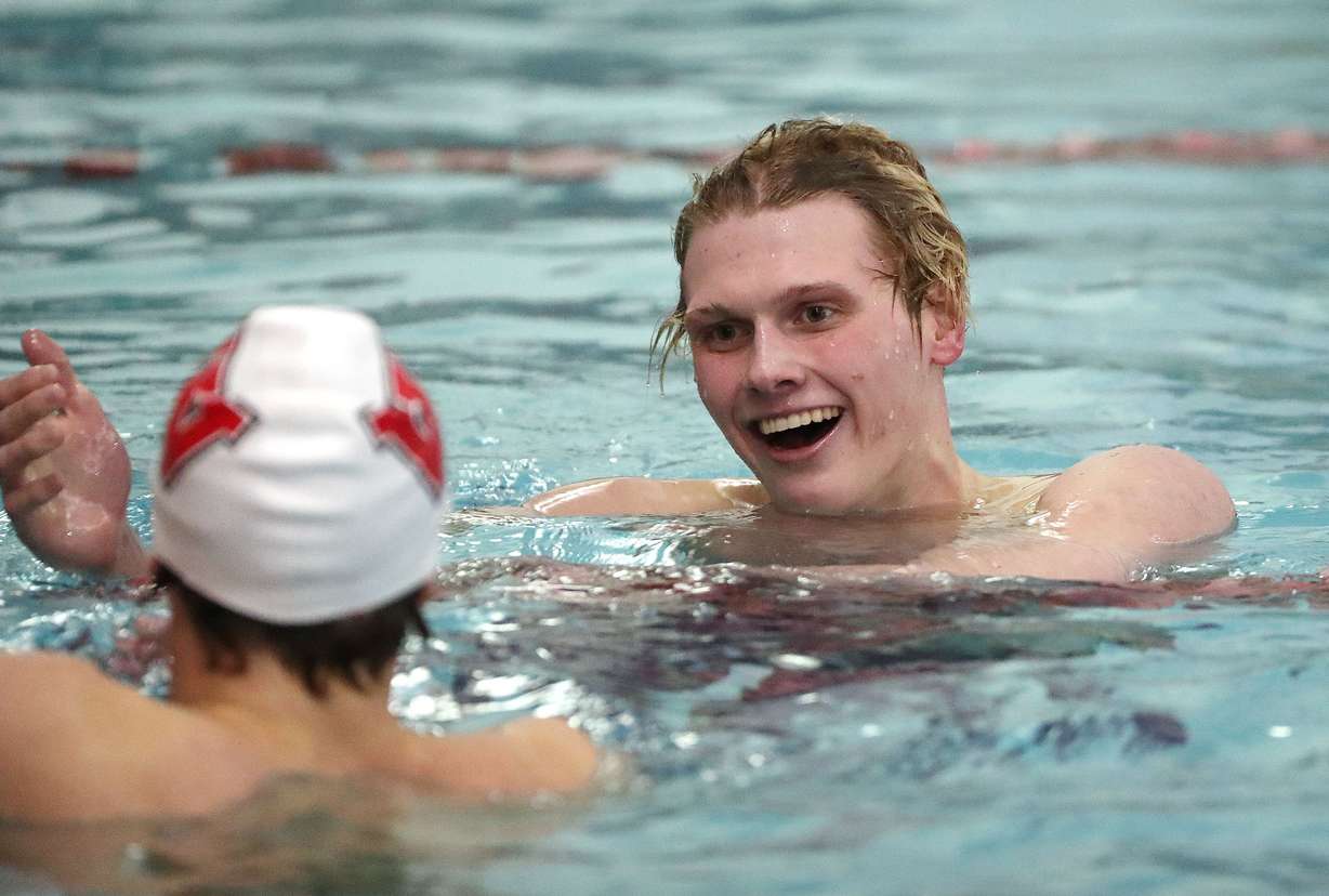 Bingham's Tanner Nelson celebrates his win the the 500-yard freestyle in the 6A boys swim championship at Kearns Oquirrh Park Fitness Center in Kearns on Saturday, Feb. 20, 2021.