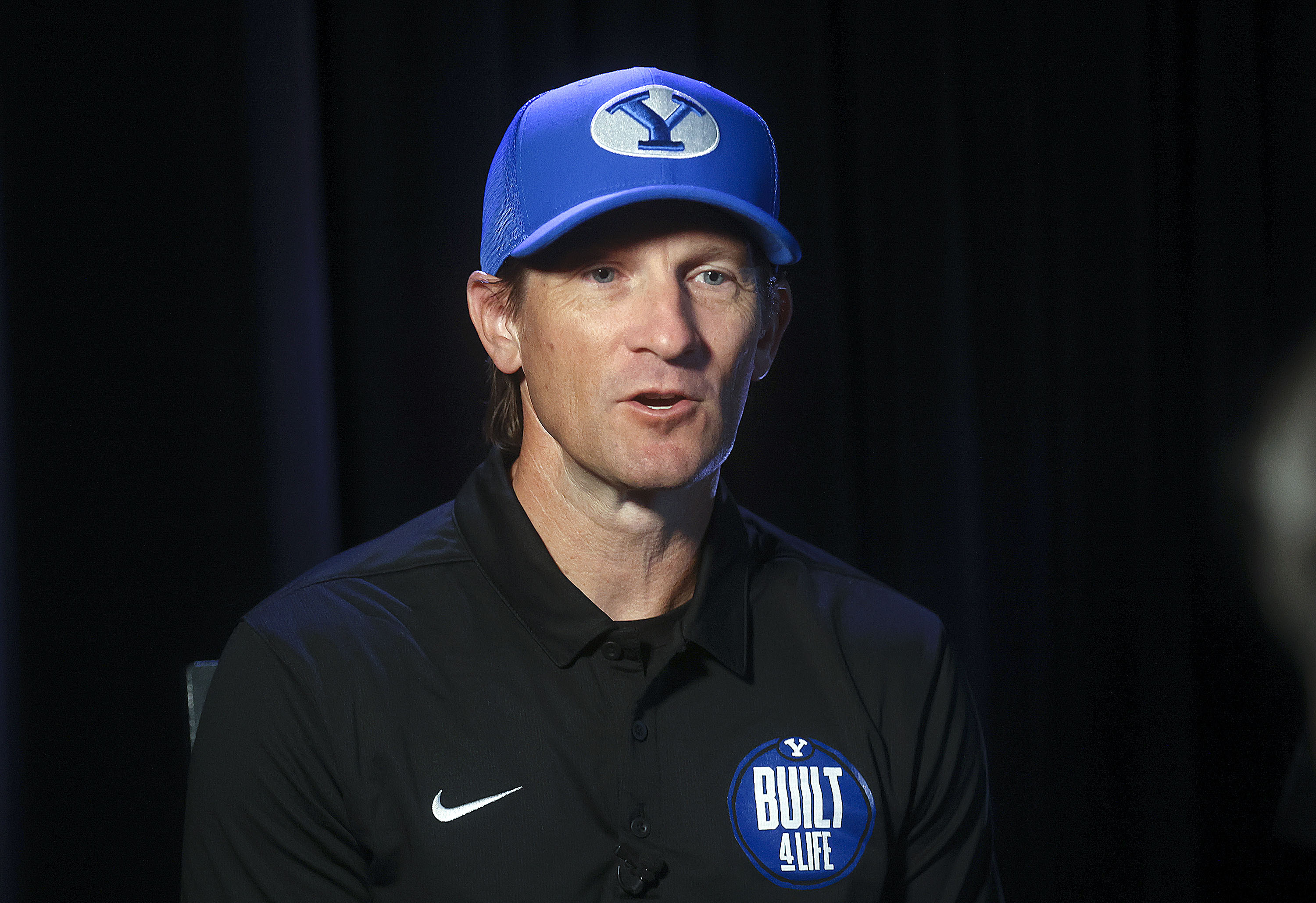 Aaron Roderick, offensive coordinator and quarterbacks coach, talks to media during BYU football media day at the BYU Broadcasting Building in Provo on Thursday, June 17, 2021.