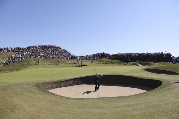 United States' Jordan Spieth plays out of a bunker on the 6th hole during the final round of the British Open Golf Championship at Royal St George's golf course Sandwich, England, Sunday, July 18, 2021.