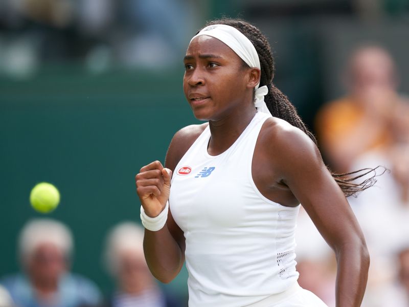 FILE PHOTO: Jul 3, 2021; London, United Kingdom;  Coco Gauff (USA) seen celebrating whilst playing Kaja Juvan (SLO) on Centre Court in the women’s third round at All England Lawn Tennis and Croquet Club.