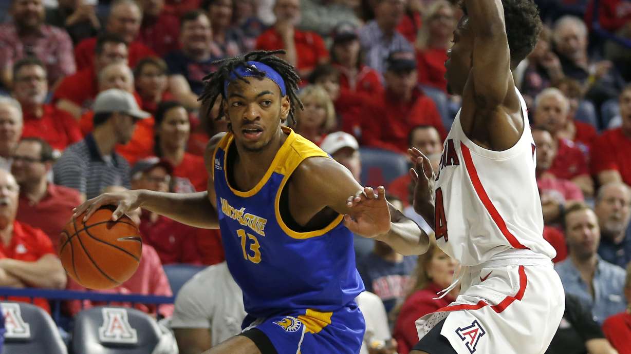 San Jose State guard Seneca Knight (13) in the first half during an NCAA college basketball game against Arizona, Thursday, Nov. 14, 2019, in Tucson, Ariz.