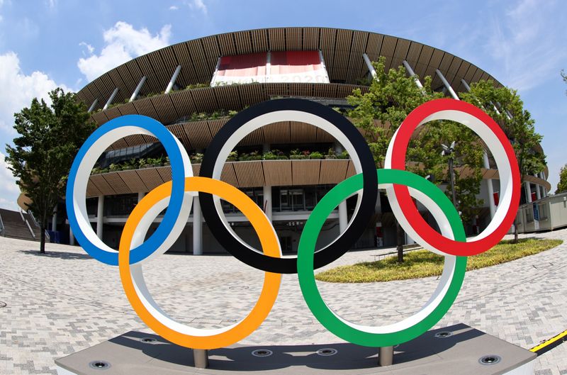 General view of the Olympic Rings outside The National Stadium, the main venue of the Tokyo 2020 Olympic Games. On Tuesday, July 20, 2021, Olympic chief said he didn't rule out canceling the Games due to COVID.
