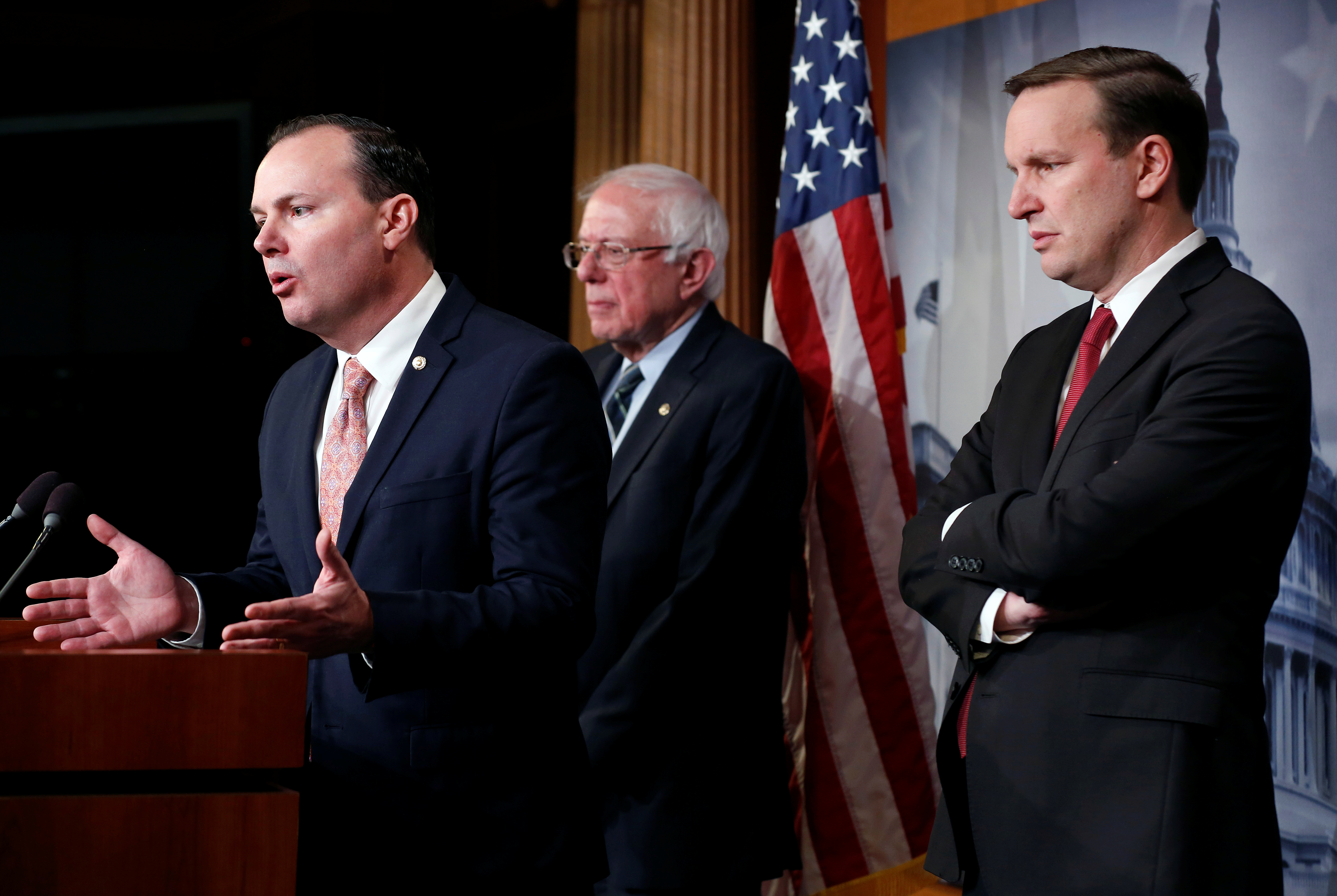 Senators Mike Lee, R-Utah, Bernie Sanders, I-Vermont, and Chris Murphy, D-Connecticut, speak on Capitol Hill in Washington on Dec. 13, 2018. Lee and two other U.S. senators will introduce their broadest effort yet on Tuesday to claw back war powers from the White House.
