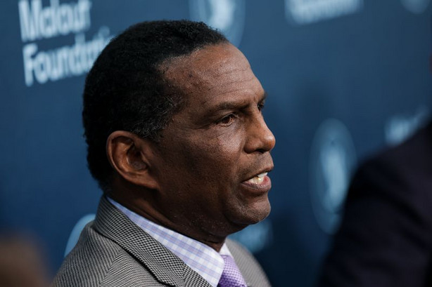 Rep. Burgess Owens, R-Utah, speaks to journalists at a
summit at the Malouf Foundation in Logan on Saturday, April 17,
2021.